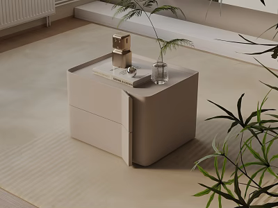 Modern Light Beige Bedside Table With Drawer Plant Vase Book And Green Decor 3d model