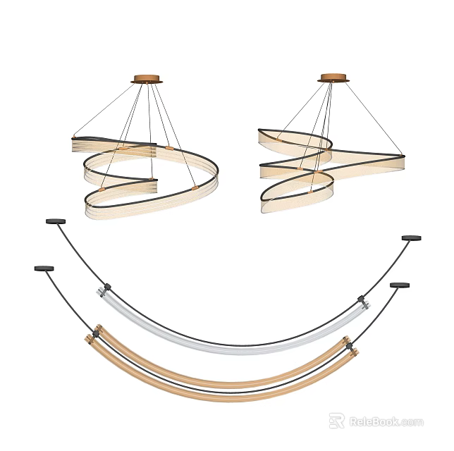 Modern Spiral And Curved Chandelier Designs With Wooden Accents And Metal Frames 3d model 