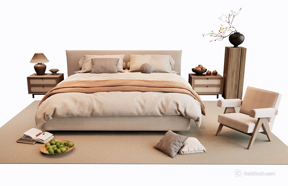 Modern Double Bed With Nightstands Table Lamps Chair Rug And Pillows 3d model 