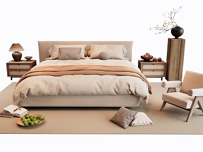 Modern Double Bed With Nightstands Table Lamps Chair Rug And Pillows 3d model