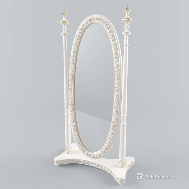 White Decorative Standing Mirror With Carved Columns And Ornate Base 3d model 