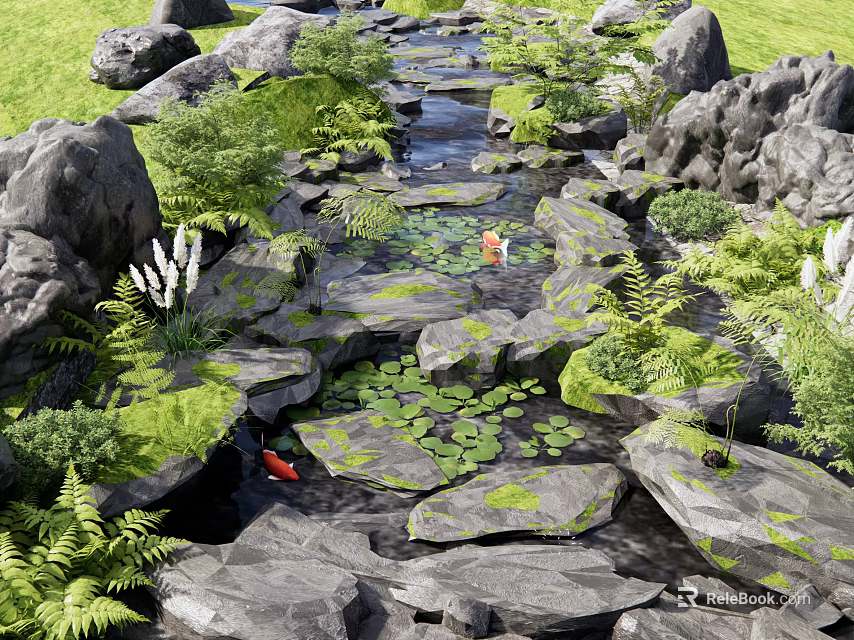 Natural Water Fountain With Rocks Green Plants Lily Pads And Koi Fish 3d model 