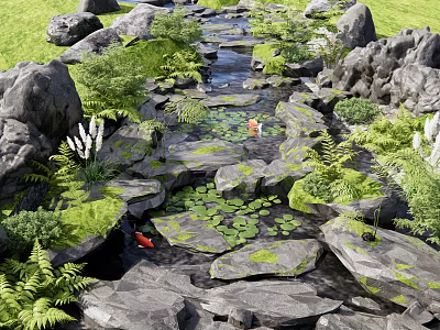Natural Water Fountain With Rocks Green Plants Lily Pads And Koi Fish 3d model