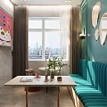 Modern Café Interior With Wooden Counter Green Chair Shelves And Cat