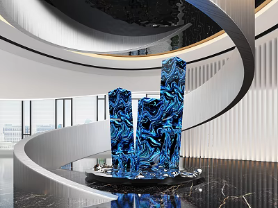 Modern Interior Spacious Space With Blue Marble Columnar Sculptures And Spiral Structure 3d model