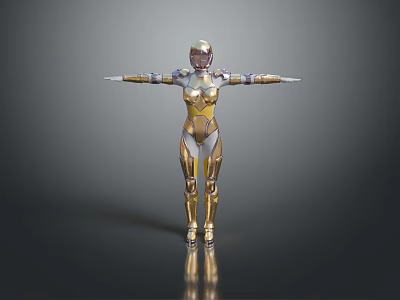 Futuristic Female Robot Game Movie Character with Gold and Silver Metallic Armor and Arms Outstretched 3d model