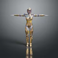 Futuristic Female Robot Game Movie Character with Gold and Silver Metallic Armor and Arms Outstretched