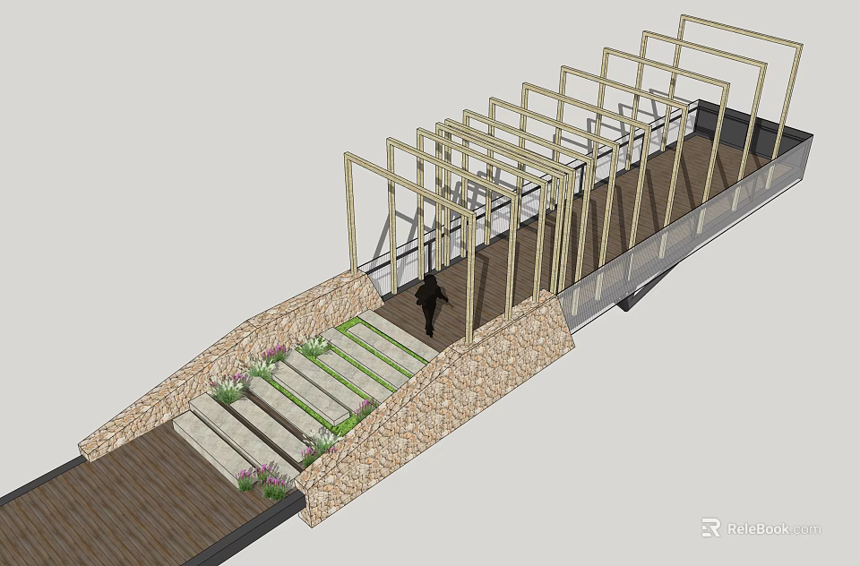 Road Infrastructure Featuring Pedestrian Walkway Stone Steps Frame Structure And Greenery 3d model
