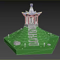 Cartoon Scenery With Colorful Pagoda Stone Steps Green Grassy Hill And Lanterns