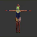 Woman In Purple Corset Red Garters Fishnet Stockings And High Heels Posing With Arms Outstretched