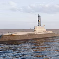 Military Submarine Warship Sailing on Ocean Surface with Conning Tower