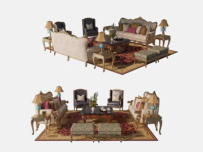 Elegant Sofa And Coffee Table Set With Throw Pillows Area Rug Side Tables And Lamps 3d model