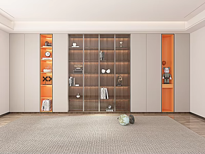 Modern Bookcase With Glass Doors Wooden Frame And Decorative Items On Shelves 3d model
