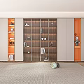 Modern Bookcase With Glass Doors Wooden Frame And Decorative Items On Shelves