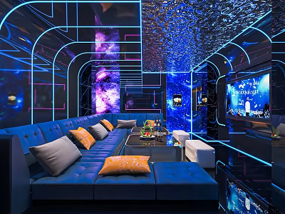 Modern KTV Lounge With Blue Sofas Orange Gray Cushions Neon Lighting And Reflective Ceiling 3d model
