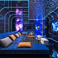 Modern KTV Lounge With Blue Sofas Orange Gray Cushions Neon Lighting And Reflective Ceiling 3d model