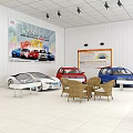 Car Model Showroom With Red Yellow Models Glass Display Cases Wall Map And Wicker Chairs
