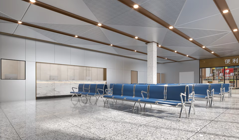 Modern Station Interior Design With Blue Seats Ceiling Lights And Terrazzo Floor 3d model 
