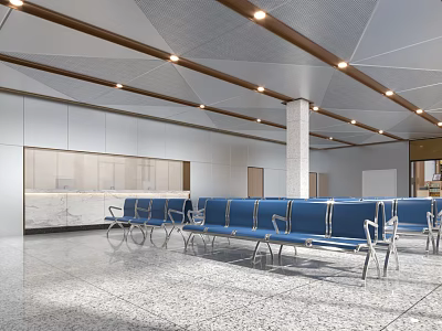 Modern Station Interior Design With Blue Seats Ceiling Lights And Terrazzo Floor 3d model