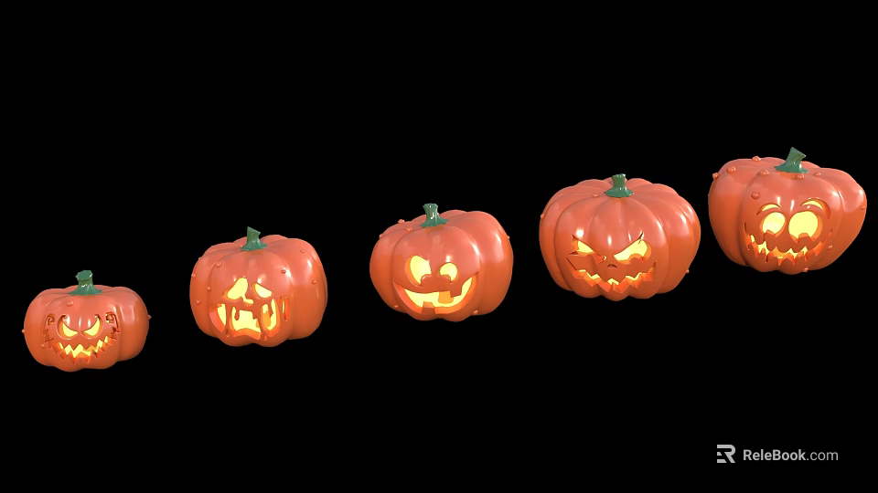 Glowing Halloween Decorative Pumpkin Lights With Carved Faces In A Row 3d model 