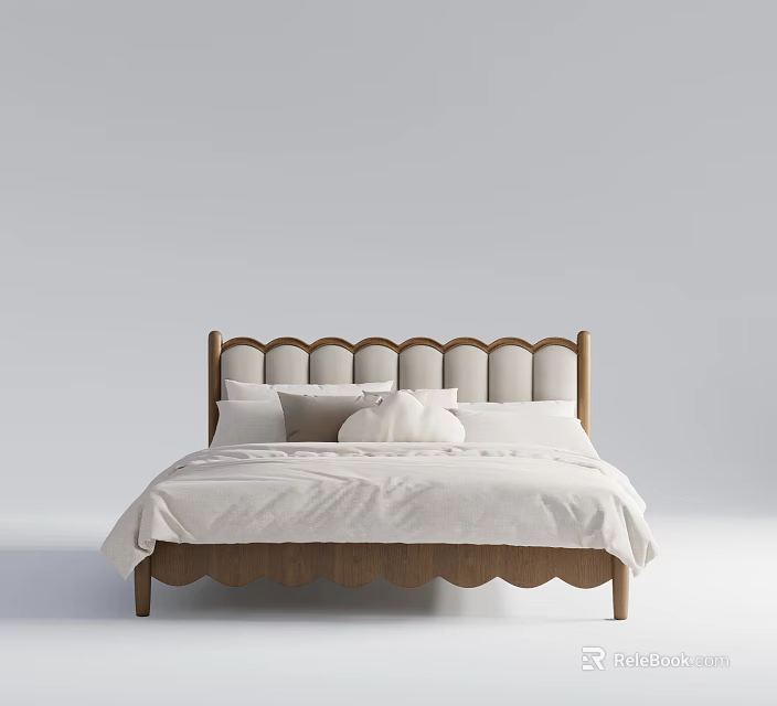 Double Bed Featuring Scalloped Wooden Upholstered Headboard With White Bed Sheets And Pillows 3d model 