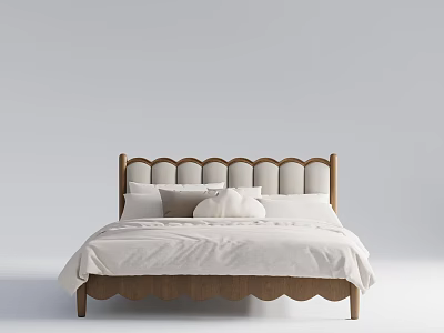 Double Bed Featuring Scalloped Wooden Upholstered Headboard With White Bed Sheets And Pillows 3d model