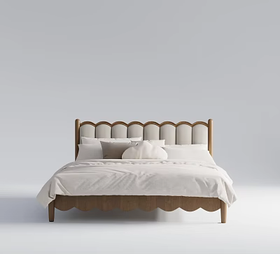 Double Bed Featuring Scalloped Wooden Upholstered Headboard With White Bed Sheets And Pillows 3d model