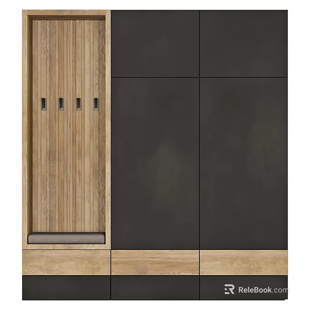 Modern Entryway Hallway Interior Design With Wooden Elements And Dark Panel Storage Cabinets 3d model 