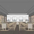 Traditional Book Art Interior Design With Wooden Bookshelves Long Tables And Calligraphy Decorations