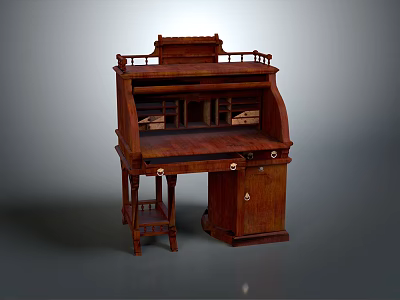 Traditional Wooden Desk With Intricate Carvings Storage Drawers And Shelf Compartments 3d model