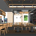 Modern Restaurant Interior With Wooden Tables Chairs And Green Plant Decor