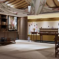 Traditional Cultural Center Interior With Maidens Painting Guqin And Wooden Furniture Vases