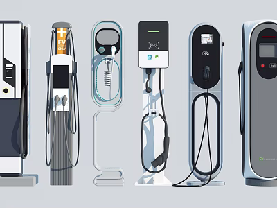 Various Electric Vehicle Charging Station Models With Different Designs And Interfaces 3d model