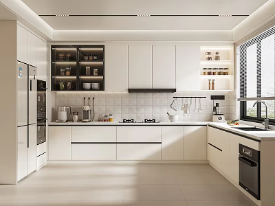 Modern Kitchen Interior With White Cabinets Appliances Countertop Tile Backsplash And Natural Light 3d model