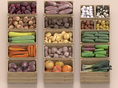 Fresh Colorful Various Types of Vegetables Neatly Arranged in Wooden Crates 3d model