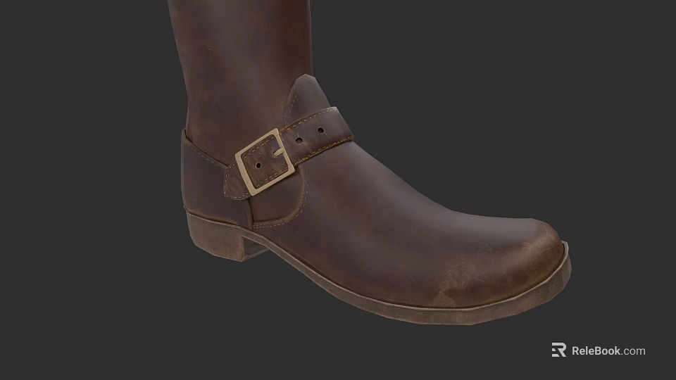 Brown Leather Mid Calf Boots With Buckle Strap Design And Durable Sole 3d model 