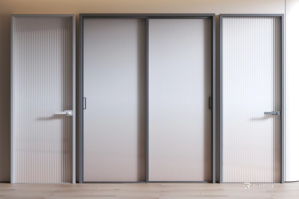 Modern Sliding Doors With Ribbed Glass Panels And Sleek Frames For Home Interior 3d model 
