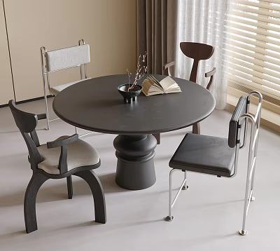 Modern Black Round Dining Table and Chairs Set In Room With Window Vase and Book 3d model