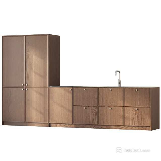 Modern Wooden Kitchen Interior With Upper Lower Storage Cabinets And Sink 3d model 