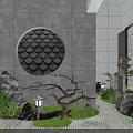 Modern Garden Ornament with Stone Lantern Pine Tree Green Plants and Stone Wall Lighting 3d model
