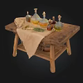 Rustic Wooden Table Setup With Glass Bottles Cloth And Copper Bowls