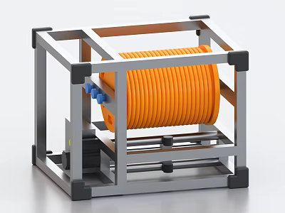 Industrial Equipment Metal Frame With Orange Hose Reel And Blue Connectors 3d model