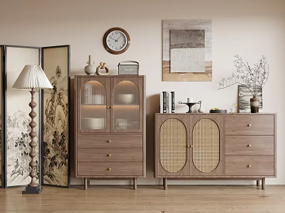 Cozy Wooden Dresser with Rattan Doors Glass Door Cabinet and Wall Decor in Warm Room 3d model