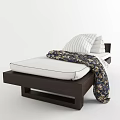 Modern Kids Bed With Dark Wooden Frame White Mattress Striped Sheet Floral Blanket And Striped Pillow