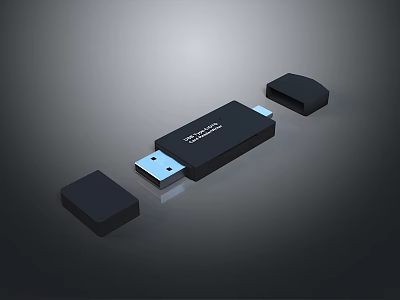 Black USB Flash Drive With Portable Storage Function And Two Small Caps 3d model