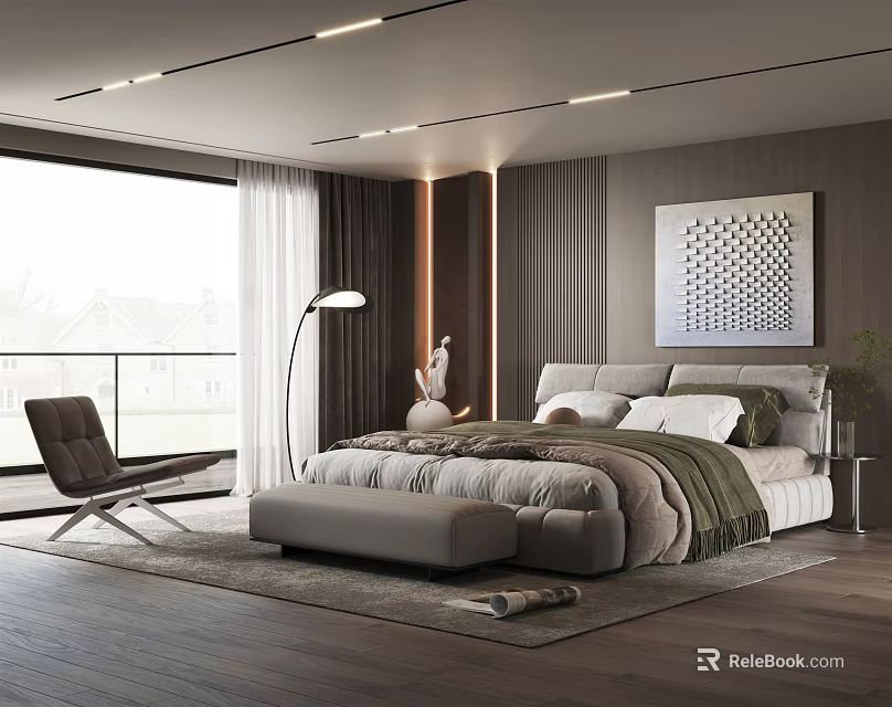 Modern Bedroom With Large Window Curtains Floor Lamp And Decorative Painting 3d model 