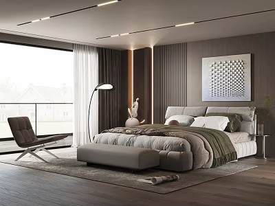 Modern Bedroom With Large Window Curtains Floor Lamp And Decorative Painting 3d model