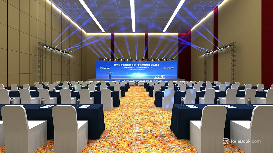 Conference Stage with Blue Background Screen Ceiling Lighting and White Seats on Patterned Carpet 3d model