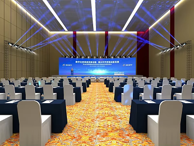 Conference Stage with Blue Background Screen Ceiling Lighting and White Seats on Patterned Carpet 3d model