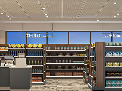 Supermarket Grocery Store With Food Shelves Children's Products Canned Goods Beverages And Cashier Counter 3d model